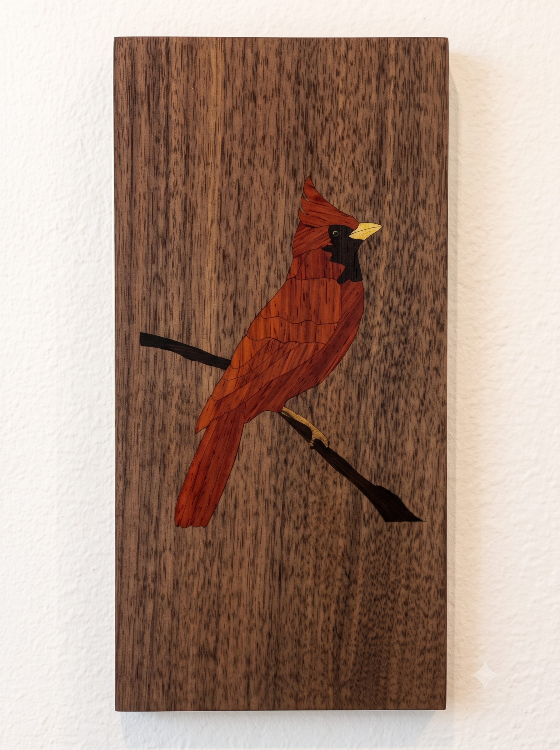 Finished cardinal wood inlay mounted on a wall