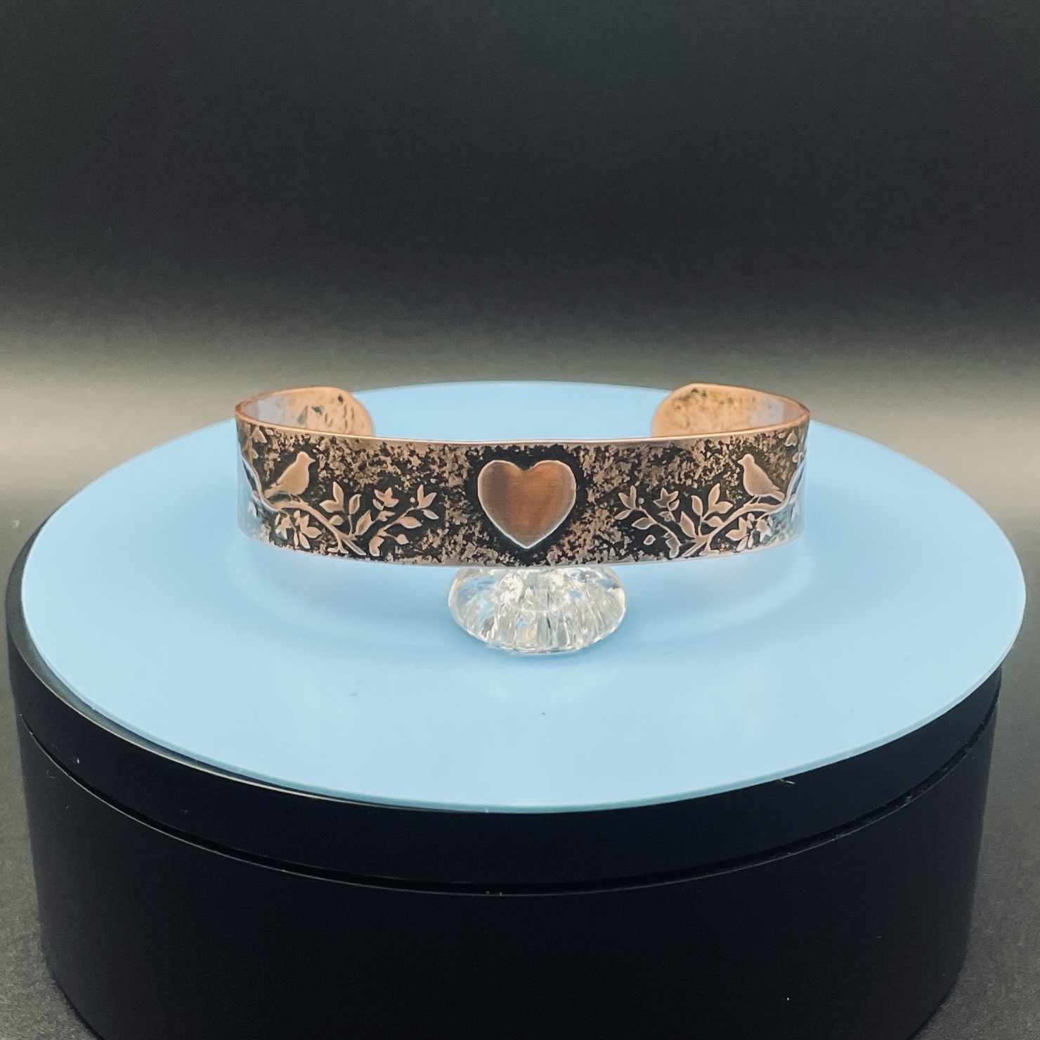 Embossed copper cuff bracelet with love birds and heart