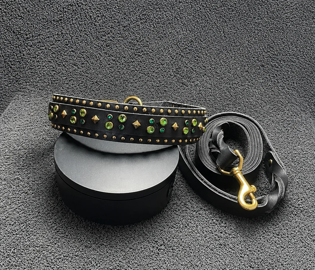 Black and brown Latigo leather dog collar with green Preciosa Crystals and brass hardware