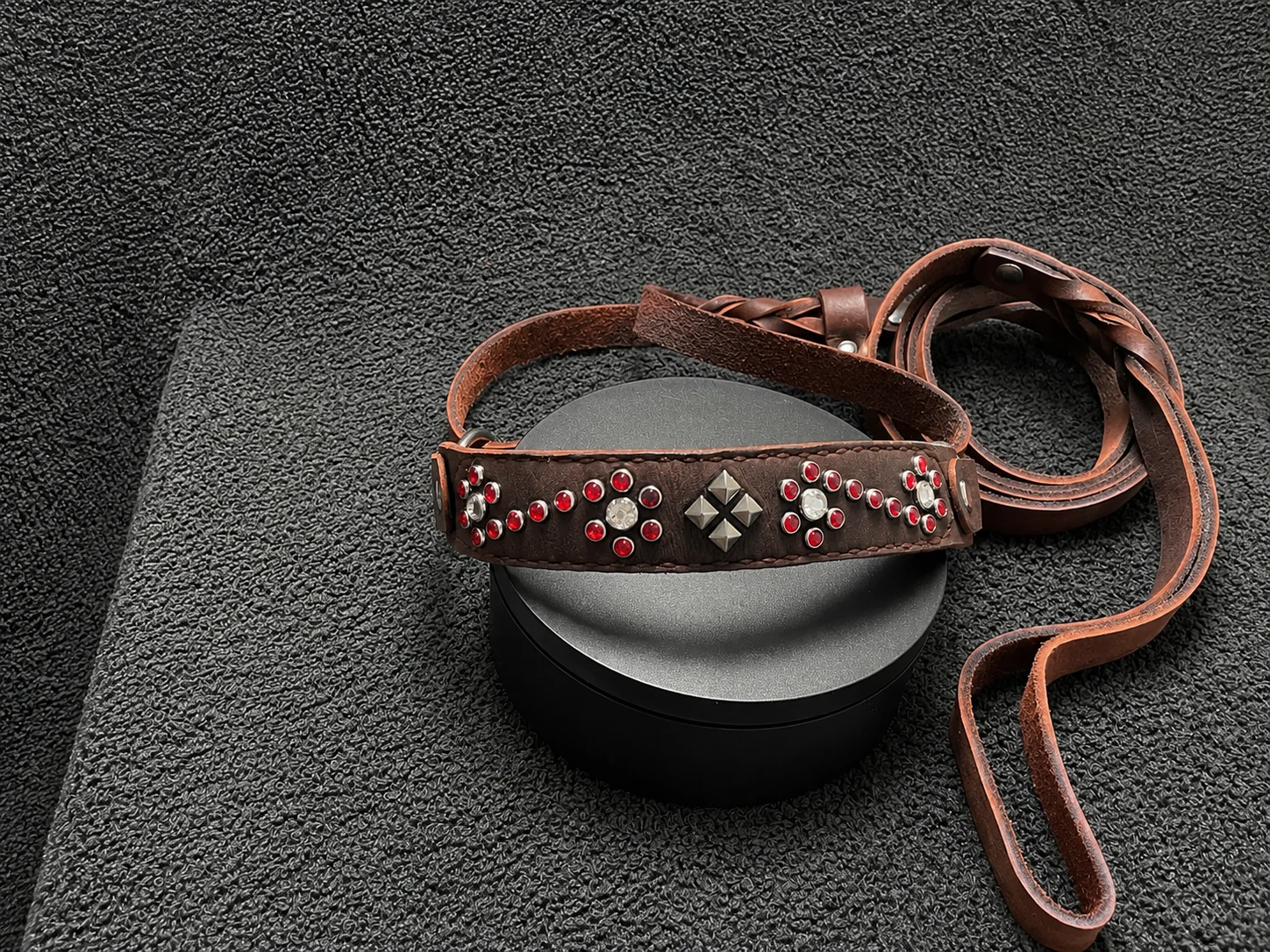Brown Latigo leather dog collar with red Preciosa Crystals and metal hardware