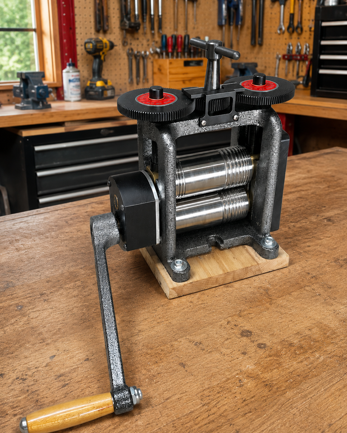 Manual rolling mill used to emboss copper bracelet blanks
