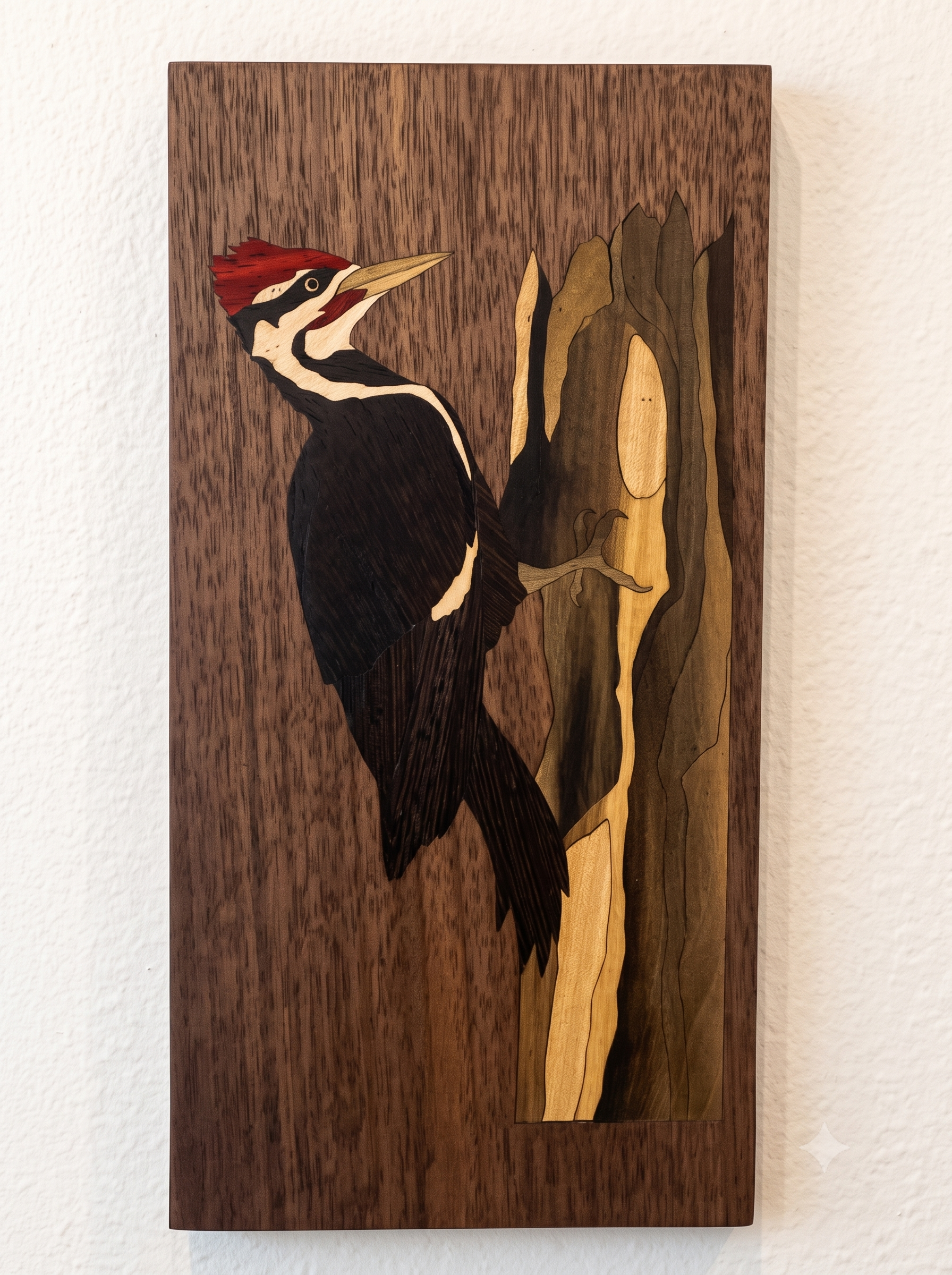 Finished woodpecker wood inlay mounted on a wall